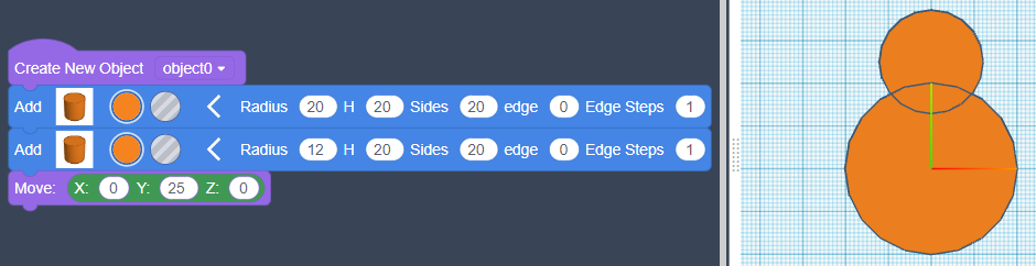 On the left: the same code as earlier. On the right, a large orange circle with a smaller orange circle on top, slightly overlapping.